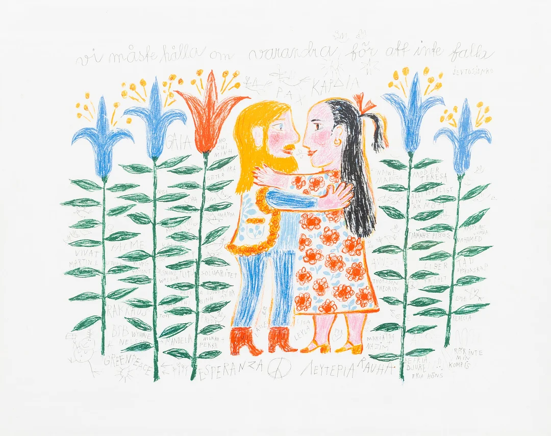 HELGA HENSCHEN. "Vi måste hålla om varandra för att inte falla", färglitografi, 1970-tal. — Engravings & Prints — Auktionshuset Kolonn