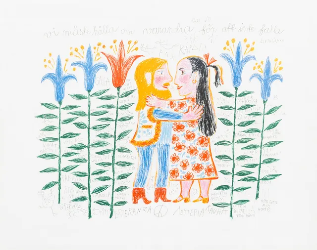 HELGA HENSCHEN. "Vi måste hålla om varandra för att inte falla", färglitografi, 1970-tal.