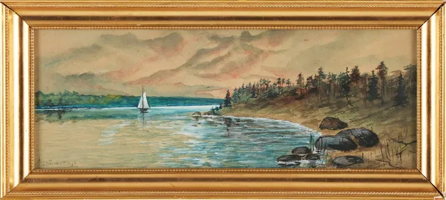 HILDING WERNER. Kustmotiv med segelbåt, signerad, akvarell.