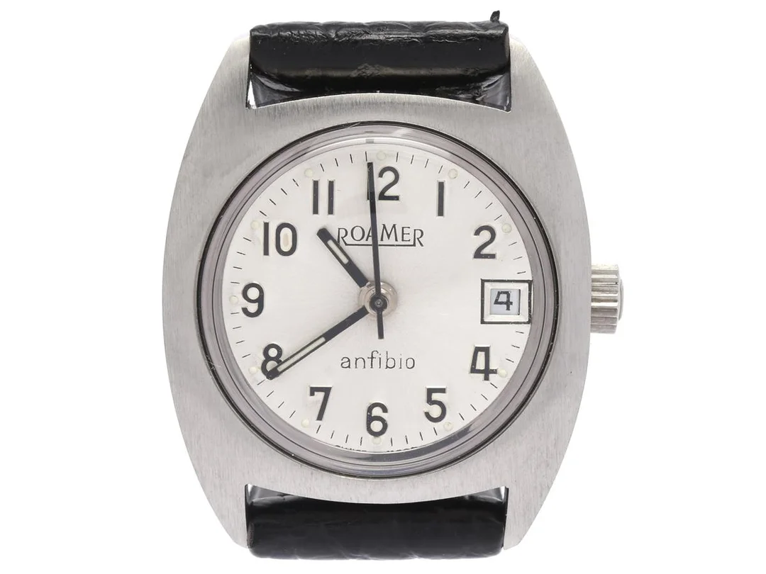ROAMER, Anfibio, Boett nr. 488-1120.008, damur, 23 mm, stål, manuell, plexiglas, datum, läderband, originalspänne i vitmetall, ca 1970. — Klockor/Roamer — Kaplans