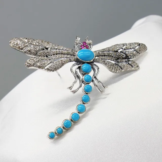 TURQUOISE & DIAMOND dragonfly brooch.