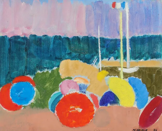 Beach scene with parasols, France. Signed M. Valeur, 86. Oil on canvas. 34×41 cm.