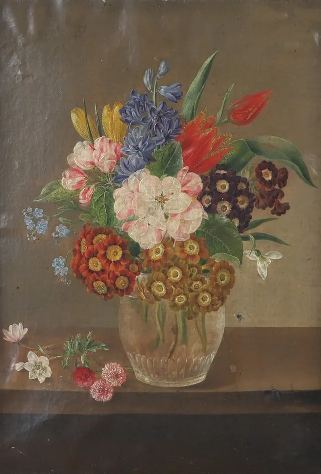 OKÄND KONSTNÄR. Blomsterstilleben, olja på pannå, osignerad.