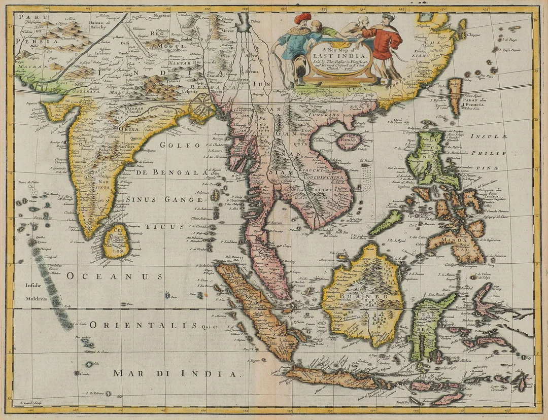 Speed, John — "A New Map of East India" LONDON (1626 – 1627 – c. 1650) - 1676 — Gjenstand/Kart, prospekter, brev, eldre foto — Blomqvist