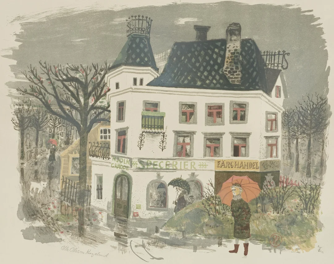 OLLE OLSSON HAGALUND (1904-1972). Specerihandeln, signerad och numrerad 40/250, färglitografi. — Engravings & Prints — Crafoord Auktioner Stockholm
