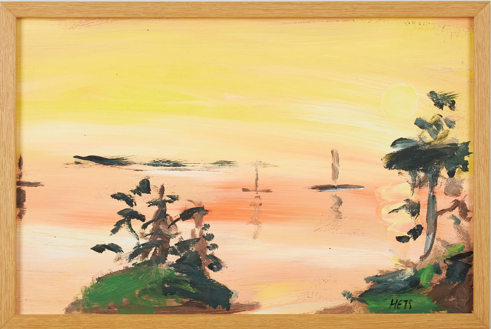 HETS: CARL JOHAN DE GEER / ERNST BILLGREN. Landskap med sol, olja på pannå, signerad Hets, á tergo med monogram. — Paintings — Stockholms Auktionsverk Magasin 5