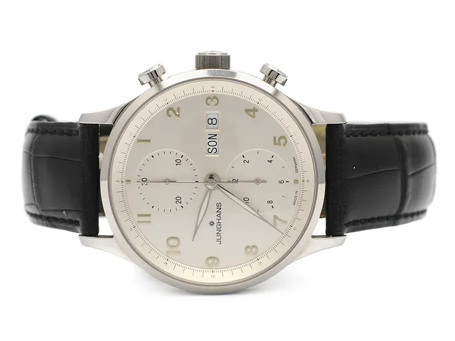 JUNGHANS, kronograf, herrur, 40 mm, Cal ETA 7750, Serie nr. 027/4550, Boett nr. 0252, stål, automatisk, safirglas, dag, datum, glasbaksida, läderband, viklås, ca 2005, box.