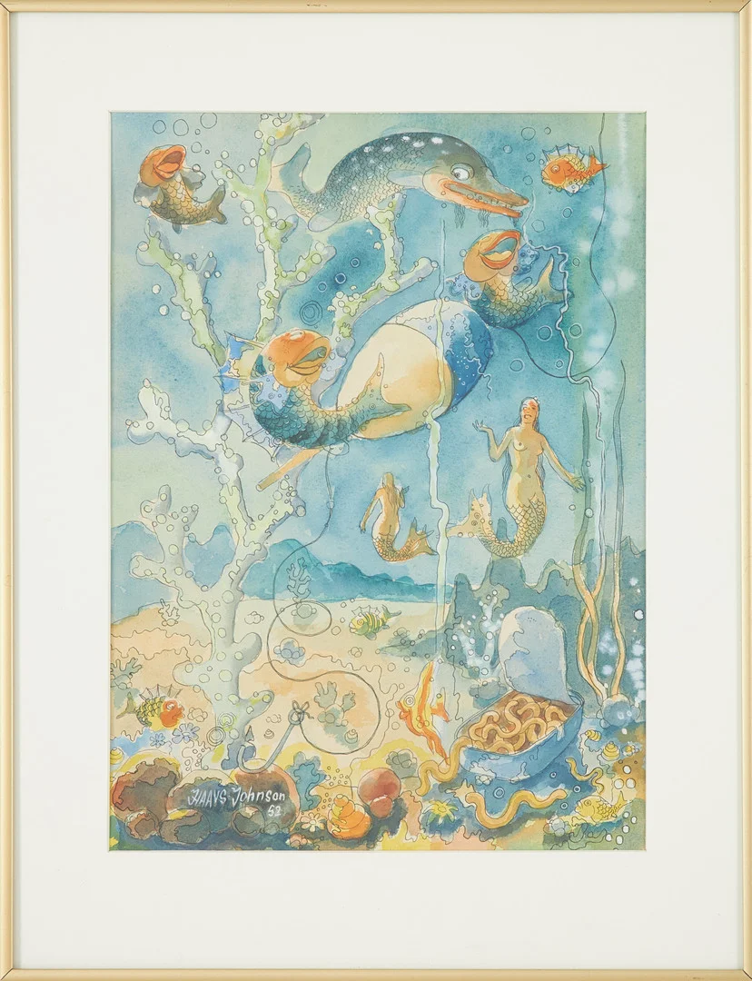 JOHN HAAVS JOHNSON. akvarell på papper, figurscen med sjöjungfrur och fiskar, signerad samt daterad -52. — Paintings — Stockholms Auktionsverk Sickla