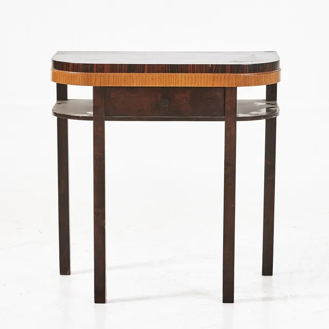 KONSOLBORD med låda, art deco, 1930-tal, fanerad i betsad björk, zebrano och alm.