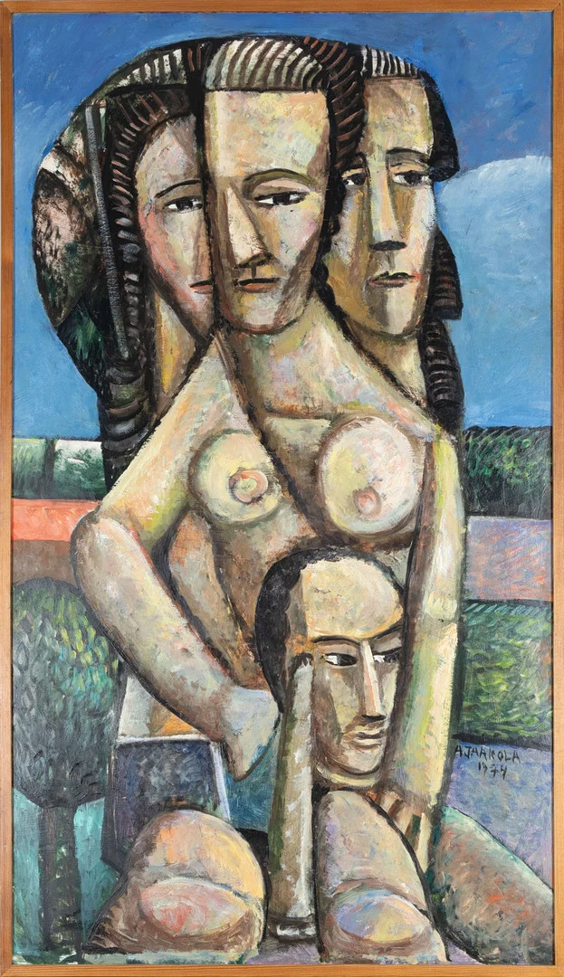 ALPO JAAKOLA. "På kollektiv krigsstig", signerad samt daterad 1974, olja på pannå. — Paintings — Stockholms Auktionsverk Helsinki