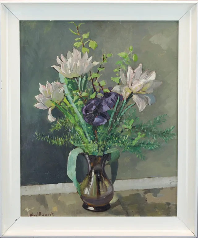 KARL RUNERT. Olja på pannå, stilleben med blommor, signerad.