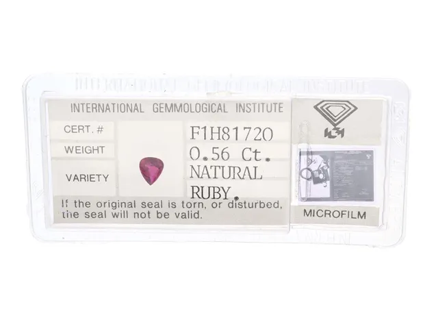RUBIN, droppslipad, 0.56 ct, mått 5,9 x 4,94 x 2,52 mm, IGI certifikat F1H81720, förseglat.