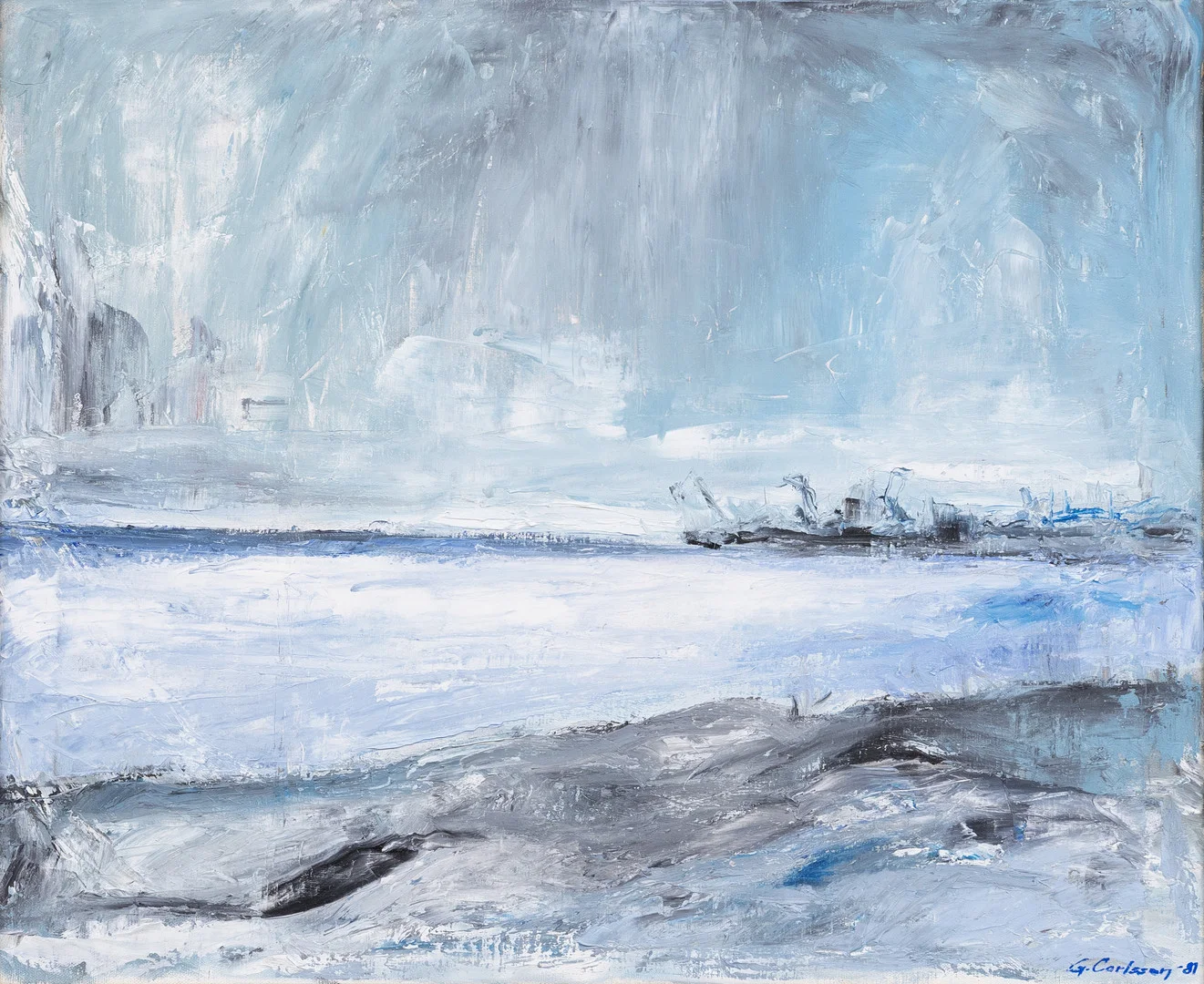 OIDENTIFIERAD KONSTNÄR. Hamnmotiv, olja på duk, signerad G. Carlsson och daterad 81. — Paintings — Garpenhus Auktioner