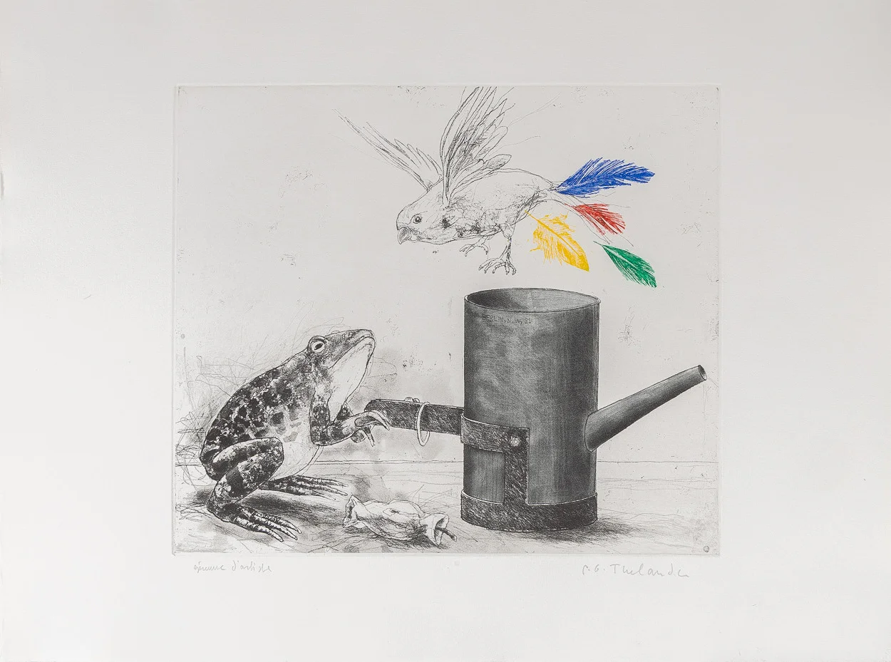 PER GUNNAR THELANDER. Komposition med groda och fågel, kolorerad etsning, oramat blad. — Engravings & Prints — Stockholms Auktionsverk Helsingborg