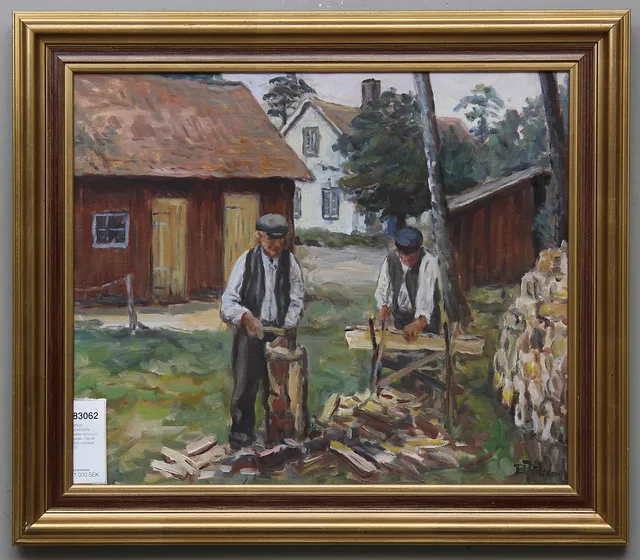 BROR JÖNSSON. Veden klyvs och kapas. Olja på duk, signerad.