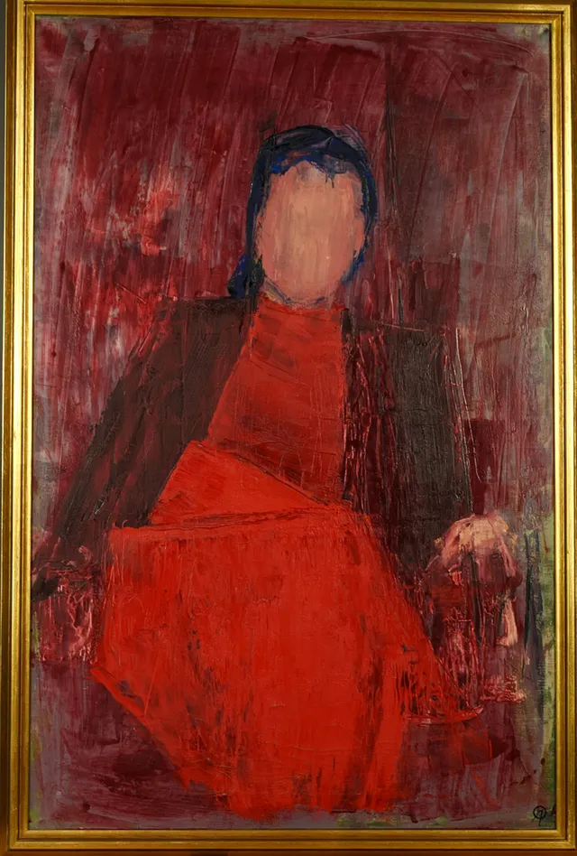 ARNE OLSSON. "Stilleben 2" dam i rött, Olja på duk, signerad.
