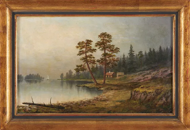 AUGUST MALMSTRÖM. Kustmotiv med gård, olja på duk, monogramsignerad AM.