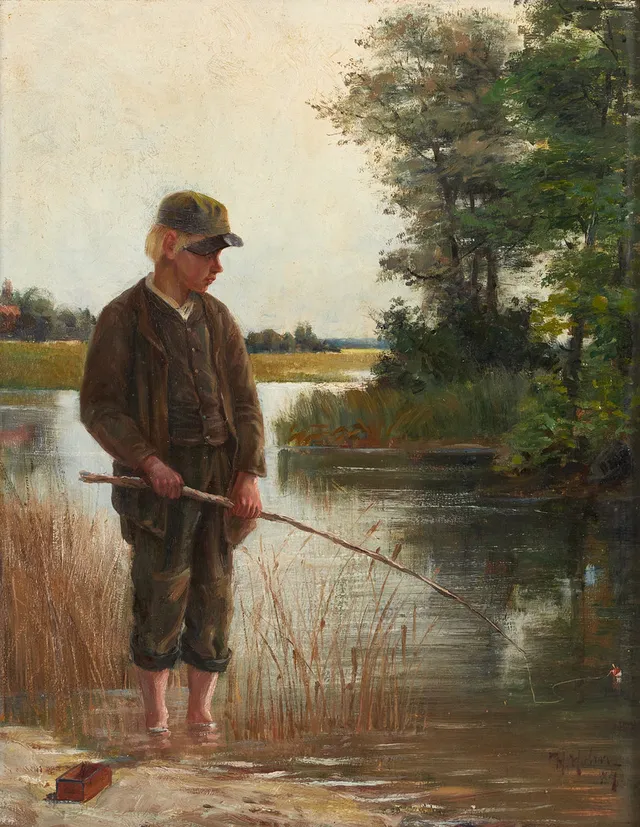 WILHELM KARL HAHN (Tyskland, 1829–1887), Sommardag vid sjön – pojke som fiskar , signerad och daterad ”Wh Hahn 84”. olja på pannå.