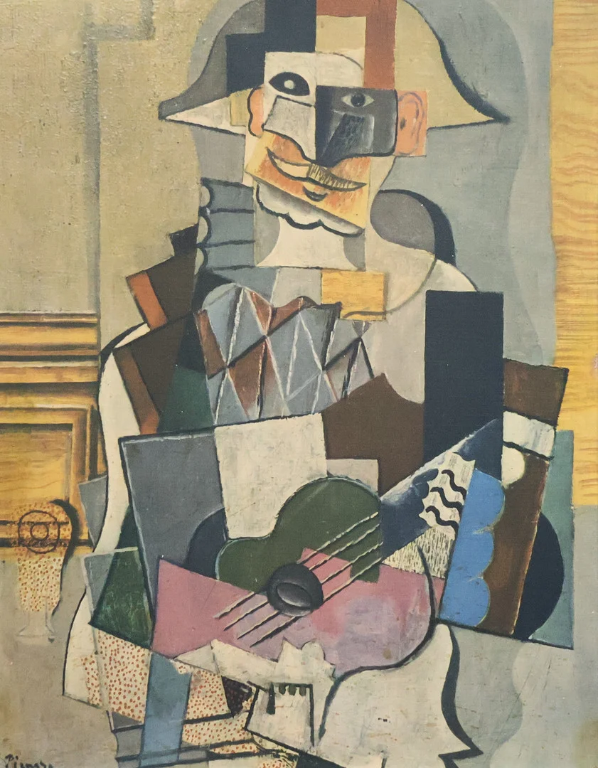 PABLO PICASSO. EFTER. tryck på duk, "Harlekin med gitarr", Master Art. — Engravings & Prints — Markus Auktioner