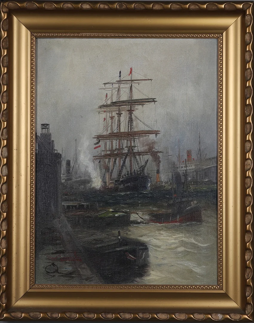 OIDENTIFIERAD KONSTNÄR. Olja på duk, "Hamnmotiv", sannolikt Nederländerna/Frankrike, otydligt signerad, 1900-tal. — Paintings — Gomér & Andersson Norrköping