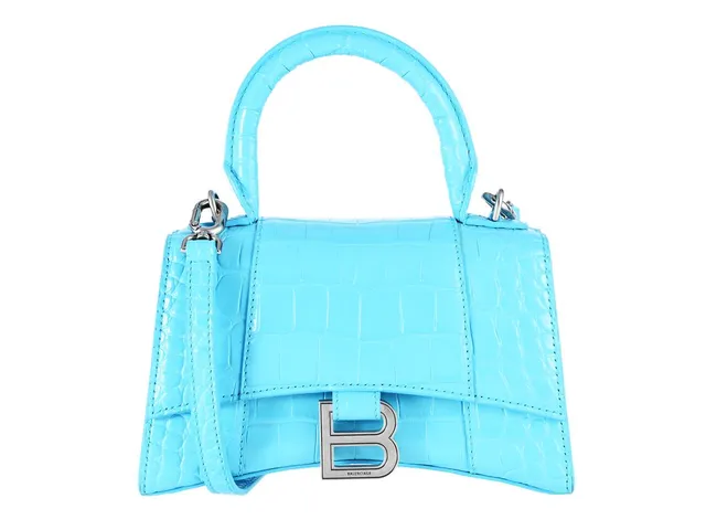 BALENCIAGA, VÄSKA, Hourglass Small, blått präglat kalvskinn, mörka silverfärgade beslag, 20x14x9 cm, avtagbar axelrem, dustbag. Excellent Condition.