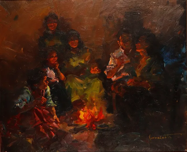 JOSEP SERRASANTA. GRUPO ANTE UNA HOGUERA. ÓLEO SOBRE TABLA.