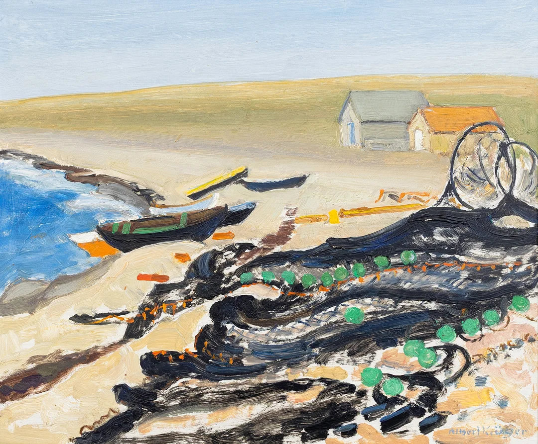 ALBERT KRÜGER. "Nykärade nät", olja på pannå, signerad, daterad á tergo 1964. — Paintings — Auktionshuset Kolonn