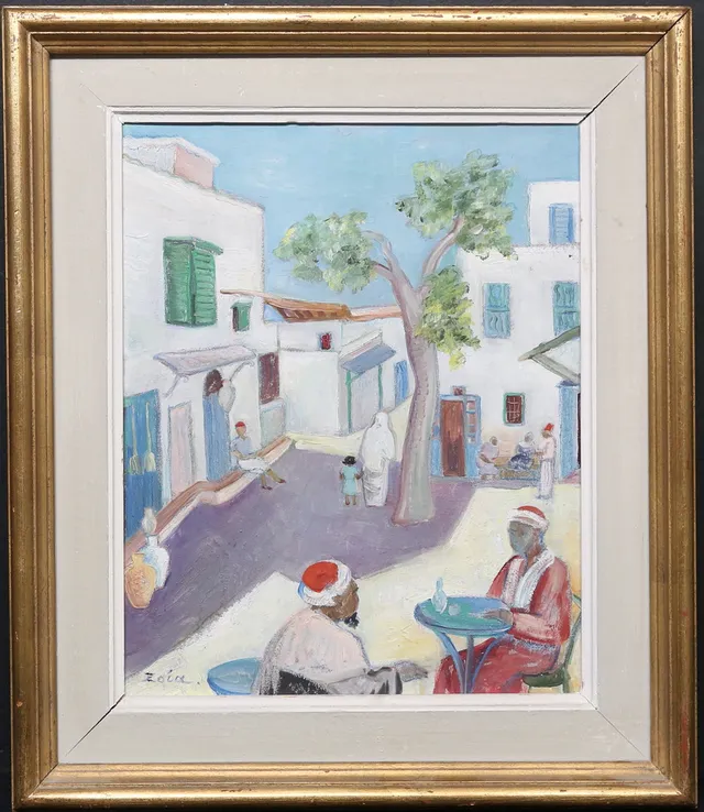 ZOIA KRUKOWSKAJA. Sidi-bou-Said. Olja på pannå, signerad Zoia, daterad a tergo Tunis -49.