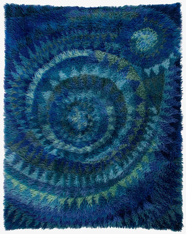 Marjatta Metsovaara, ryamatta, "Blue Seashell" Oy Finnrya Ab. Circa 132 x 167 cm.