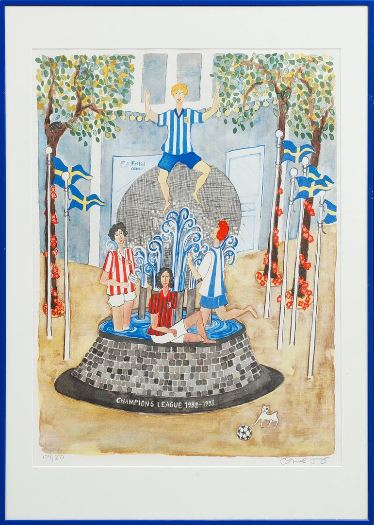 MARIKA LANG. "Champions League 92-93", färglitografi, signerad och numrerad 104/350. — Engravings & Prints — Göteborgs Auktionsverk