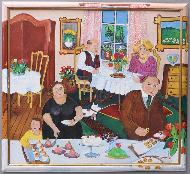 ANN-CHRISTINE JENSMAR. "Kaffekalas", olja på duk, signerad.