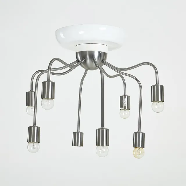 JOSEF FRANK. Taklampa, modell 2358, Firma Svenskt Tenn, 8 ljusarmar, borstad vitmetall, monterad på lackerad kupa, märkt.