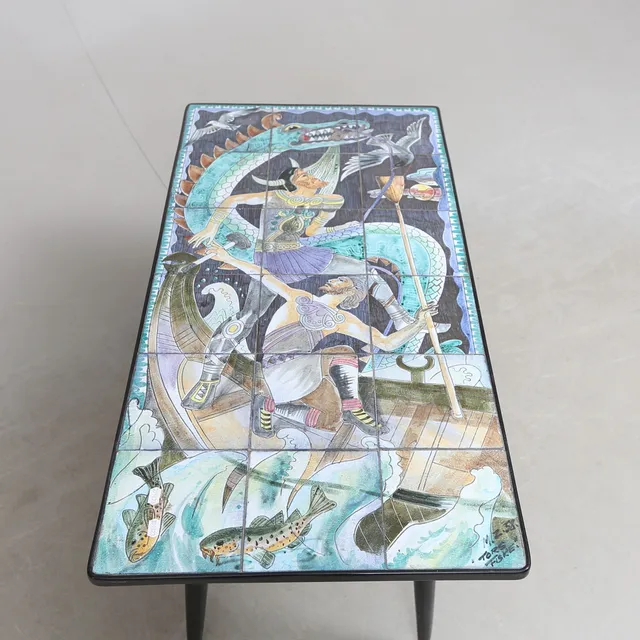MARIAN ZAWADSKI. Soffbord, "Tors fiske", Tilgmans keramik, signerad MZ, daterad 58.