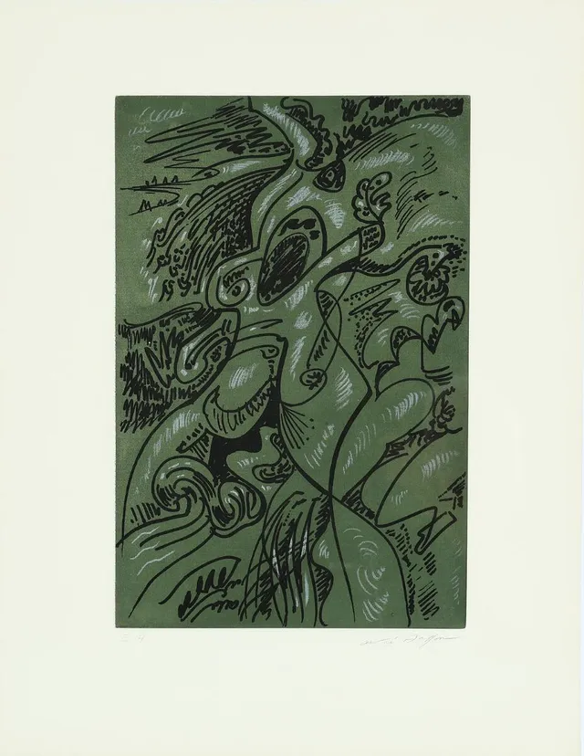Composition from the portfolio “Bonjour Max Ernst”. Signed André Masson, E.A. Published in 1976 by Edition Georges Vitas, Paris. Etching and aquatint. Sheet size 66×50 cm.