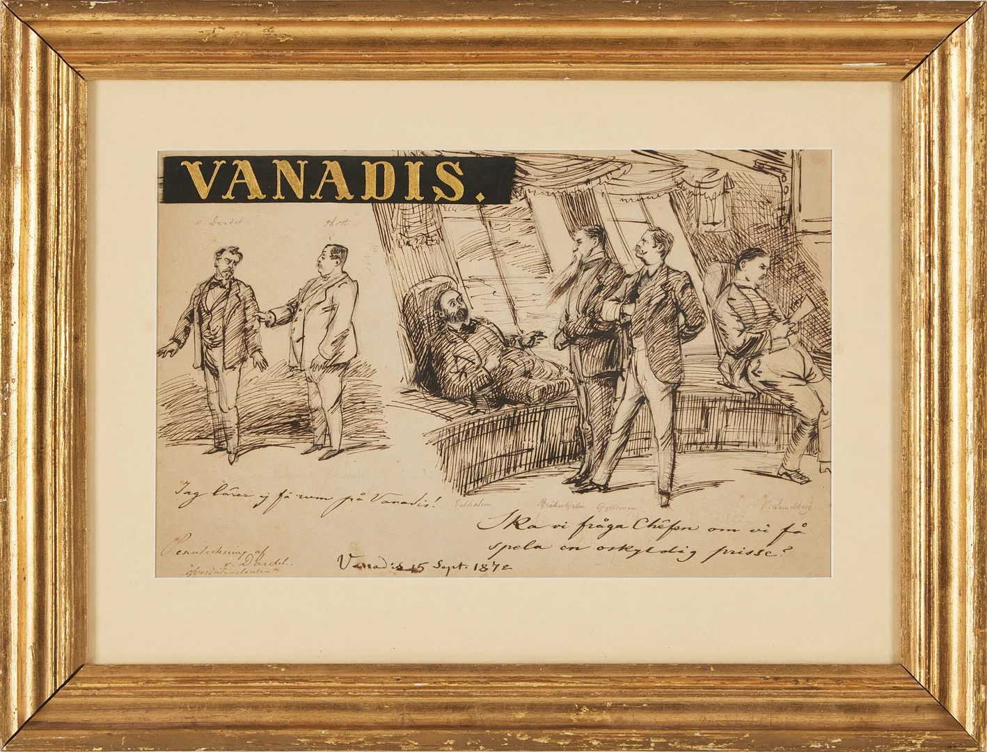 FRITZ VON DARDEL. Vanadis (namngivna personer i skeppskajuta), tuschteckning, signerad och daterad 15 sep 1872. — Paintings — Stockholms Auktionsverk Magasin 5