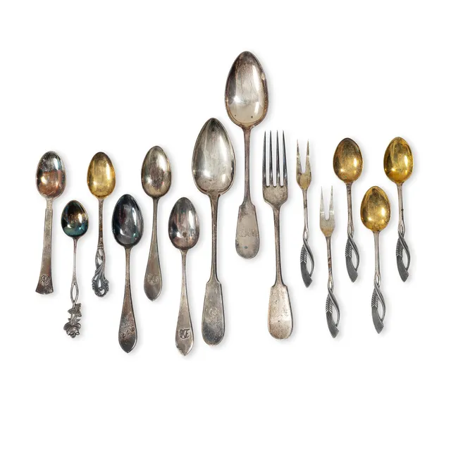 Bestick, 14 st, silver, Finland, bl a Hopeavalmiste, Helsingfors 1959.