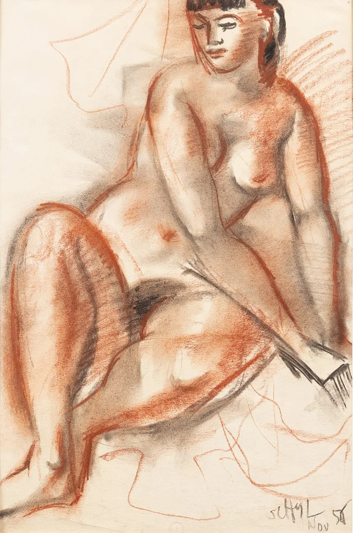 JULES SCHYL. Modell, rödkrita, signerad och daterad Schyll -50. — Paintings — Garpenhus Auktioner
