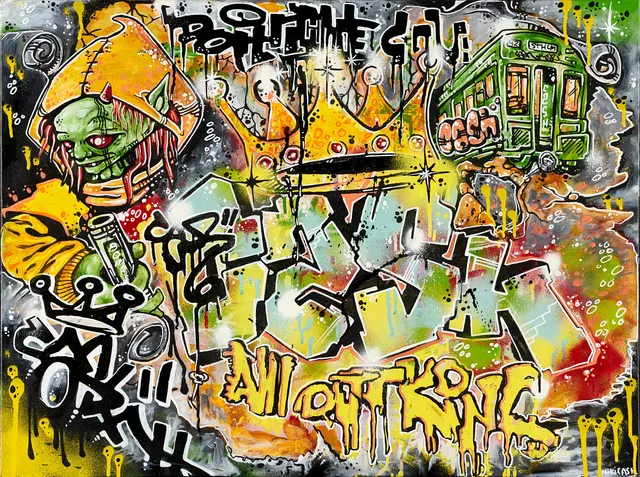 NIKI CASH (FÖDD 1973). Komposition, signerad Niki Cash, mixed media/sprayfärg på duk.