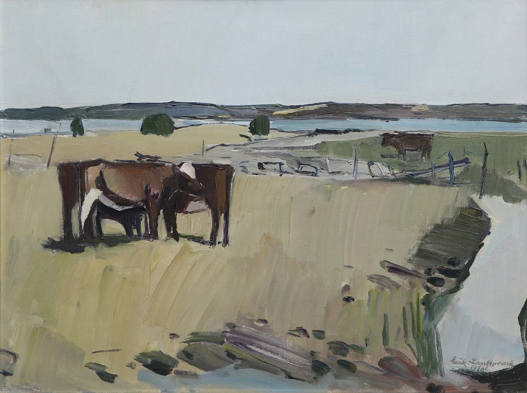 ERIK LANGEMARK. Olja på duk, betande kor, signerad och daterad 1970. — Paintings — Ekenbergs Auktioner