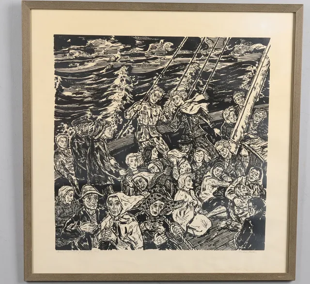 ENDEL KÖKS (1912-1983). Linoleumsnitt, "Meril (till sjöss)" signerad, numrerad 60/100, daterad 1953.