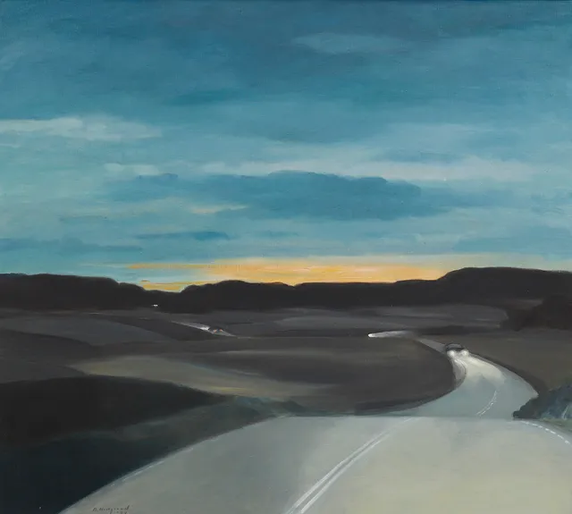 BENGT HILLGRUND. Landsväg i skymningslandskap, signerad 74.