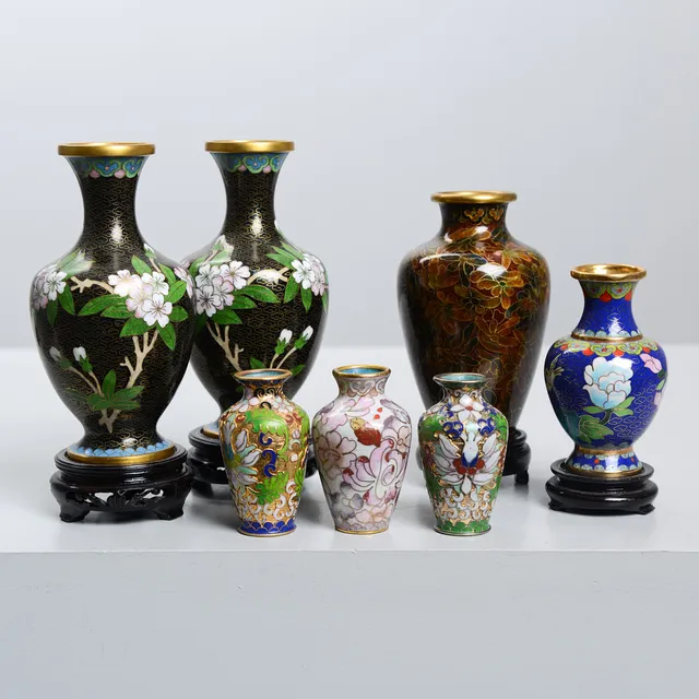 VASER, 7 st, cloisonné, Japan / Kina, 1900-tal.