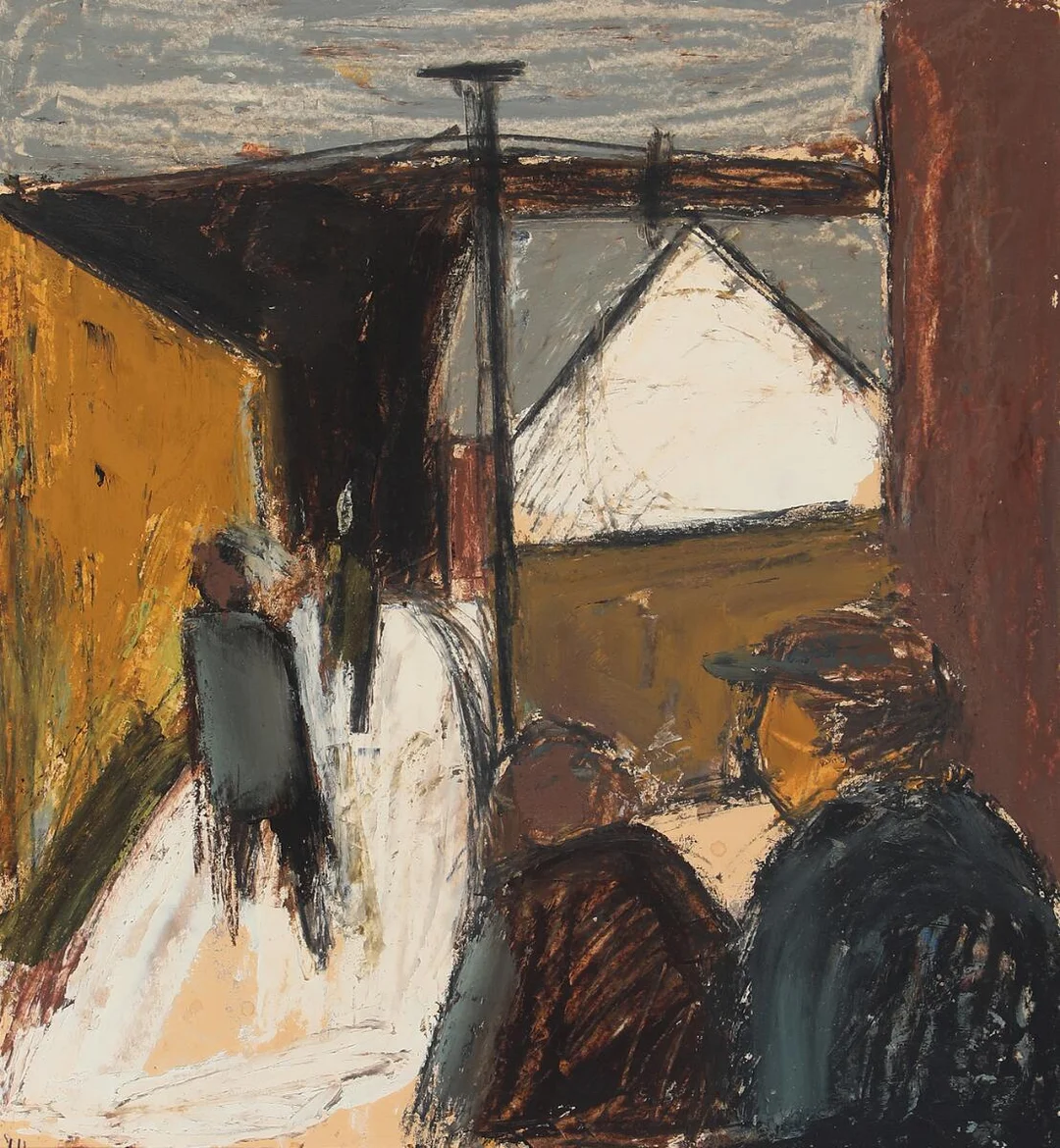 Street scenery with figures. Signed JH. Oil on paper laid on masonite. 42×38 cm. — Modern Paintings/Classical modernism — Bruun Rasmussen