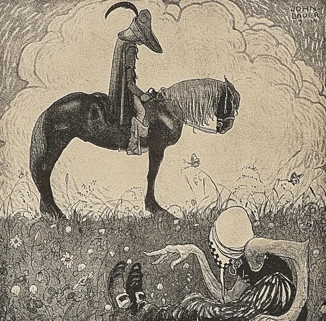 JOHN BAUER. Mezzotypi, "Vill du göra mig en tjänst, Frågade hon ...", tryckt signatur.