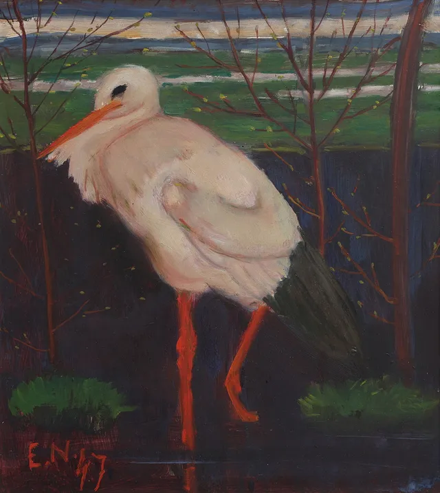 ERNST NORLIND. stork i landskap, olja, monogramsignerad 47.