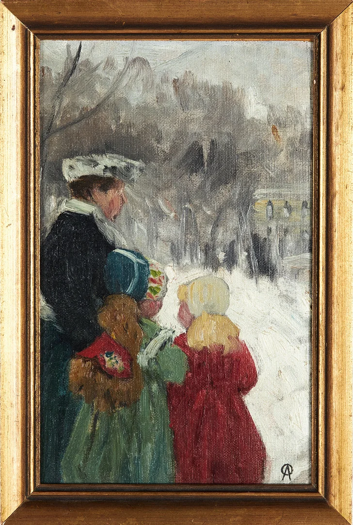 OLOF ARBORELIUS. Mor och döttrar, olja på duk lagd på pannå, monogramsignerad OA. — Paintings — Stockholms Auktionsverk Sickla