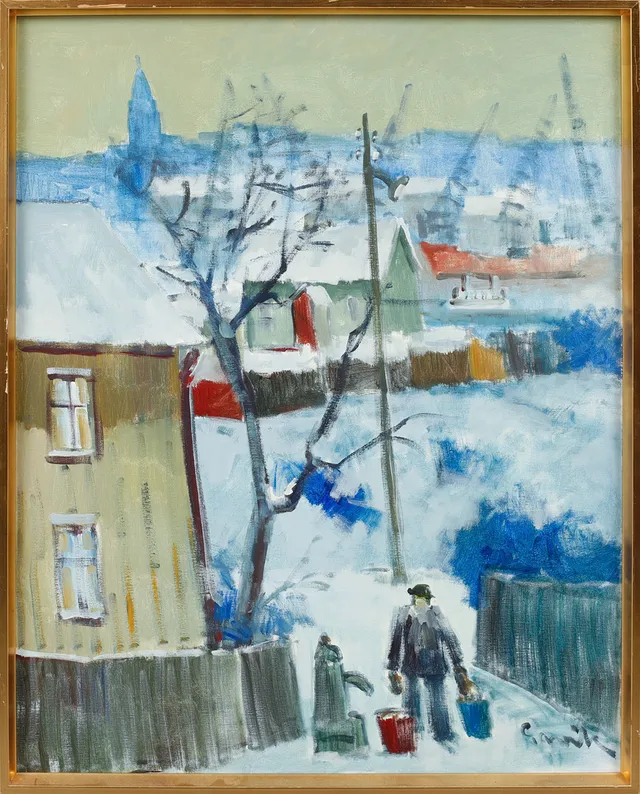 TAGE GAVIK. "Lindholmen"olja på duk, signerad.