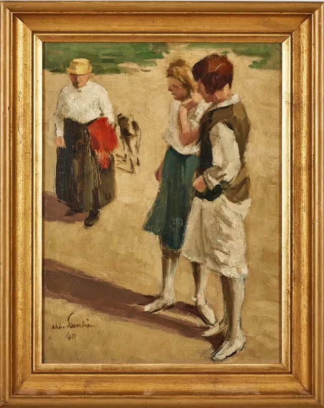 AKKE KUMLIEN. I väntan på skärgårdsbåten, olja på pannå, 40 x 30 cm.