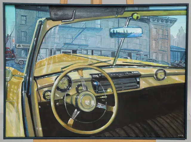 BOB MATSON. Olja på duk, bil utanför bilverkstad, signerad, 1980-tal.